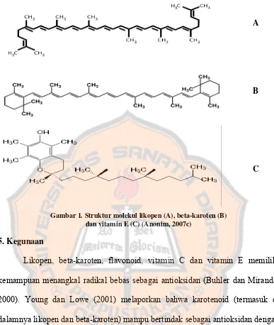 Gambar 1. Struktur molekul likopen (A), beta-karoten (B)  