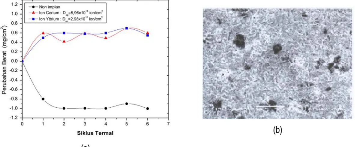 Gambar 4.  (a) Laju oksidasi cuplikan FeAl yang tidak diimplantasi dan yang diimplantasi ion yttrium dengan  dosis optimum D op  = 2,98 × 10 15  ion/cm 2 , dan ion cerium dengan dosis optimum D op  = 5,96 ×  10 15  ion/cm 2 ;  (b) Morfologi permukaan mater