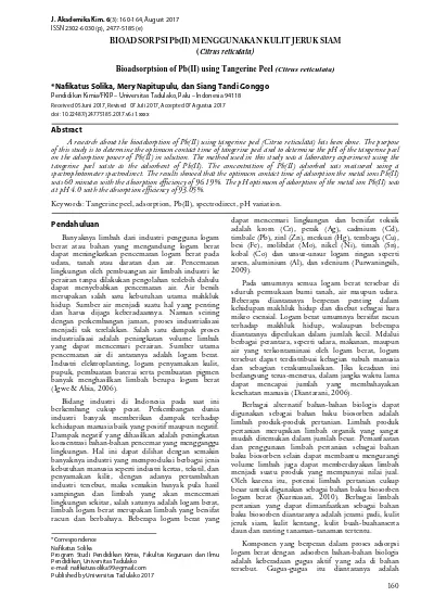 Bioadsorpsi Pb(Ii) Menggunakan Kulit Jeruk Siam (Citrus Reticulata)