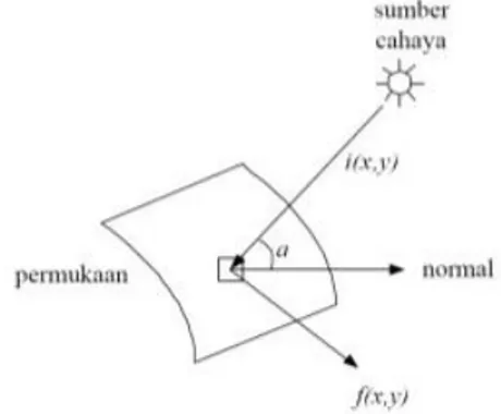 Gambar 1. Proses pembentukan citra   Sumber  cahaya  menyinari  permukaan  objek.  Jumlah  pancaran  (iluminasi)  cahaya  yang  diterima  objek  pada  koordinat  (x,y)  adalah  i  (x,y)