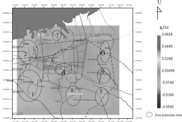 Gambar  5.  Model  gaya  berat  mikro  time-lapse  daerah  Semarang  periode  Desember  2003  hingga  Juni  2004 dalam pandangan orthografik (ortographic view) pada kedalaman 0 m dbpts