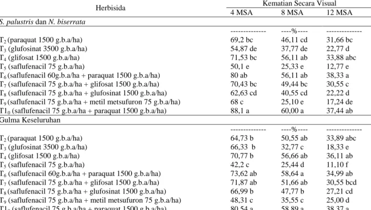 Tabel  2.  Pengaruh  herbisida  terhadap  tingkat  kerusakan  gulma  secara  visual  S