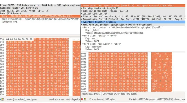 Gambar 4. Perbandingan paket data terenkripsi (a) dan paket data didekripsi (b)   Penggunaan wireshark untuk dekripsi paket terenkripsi pada WPA/WPA2 memiliki keterbatasan  yaitu  tidak  dapat  menyimpan  file  yang  sudah  didekripsi  dalam  ekstensi  fil