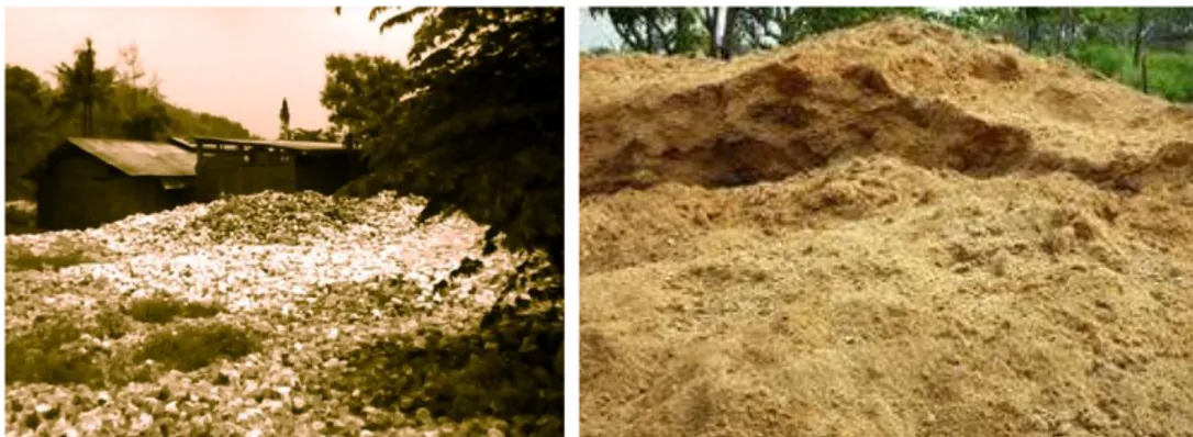 Gambar 1.   Limbah media tanam jamur tiram dan limbah serbuk gergaji sebagai bahan baku utama media  jamur tiram (Permana &amp; Prasetya, 2013)  
