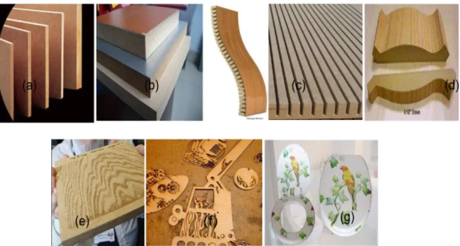 Gambar  5.  Penampilan  produk  MDF  menggunakan  perekat  resin  formaldehid;  (a)  proses  pembuatan,  (b)  plain  MDF,  (c)  MDF  fleksibel,  (d)  MDF  moulding,  (e)  MDF  printing,  (f)  MFD  carved  dan  (g)  MDF  closet