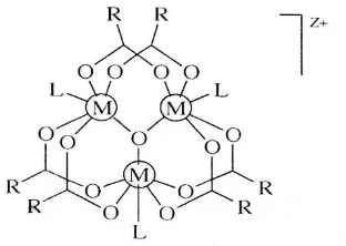 Gambar 1. Senyawa oksotrinuklir dengan rumus umum [M3(O)(OOCR)6 (L)3]Z+ ( M = atom pusat, R= gugus organik, L = terminal ligan, Z = muatan senyawa oksotrinuklir 
