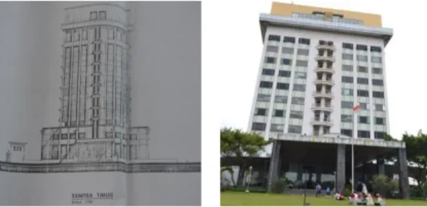 Gambar 2.1 (a) Denah asli gedung tampak timur  dan bentuk nyata saat ini  (Sumber : Denah dari 