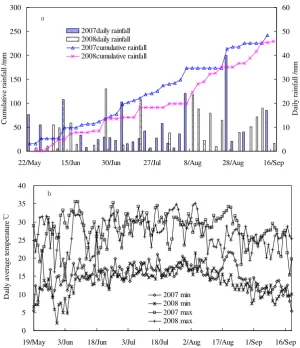 Figure 1.   Meteorological data during the crop growth season.(a) Cumulative and daily average rainfall during the crop season, and (b) daily average temperature  