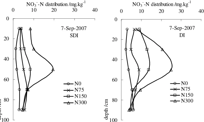 Figure 8. Vertical distribution of NO3--N as influenced by  different nitrogen levels 3.5