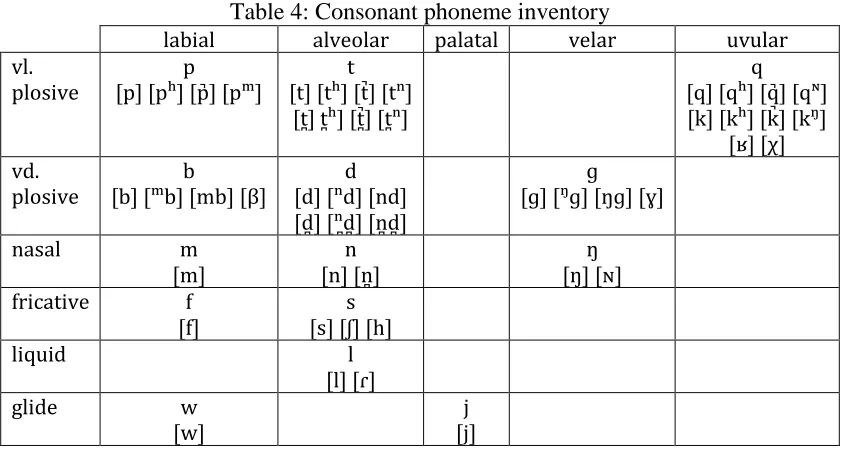 Table 4: Consonant phoneme inventory 