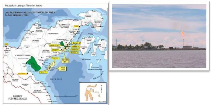 Gambar 1.  Peta lokasi lapangan Tiaka (atas) dan pulau buatan lapangan Gosong Tiaka (bawah) 