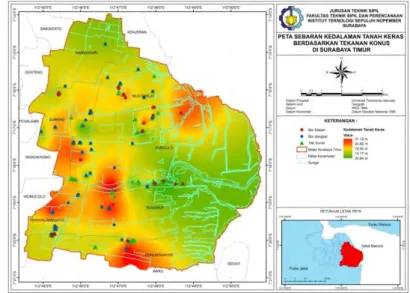 Gambar 1.2  Peta Sebaran Kedalaman Tanah Keras Berdasarkan  Tekanan Konus di Wilayah Surabaya Timur (Satrya, dkk, 2013)  Dengan mengadopsi penelitian yang dilakukan oleh Satrya,  dkk  di  tahun  2013  dikembangkan  sebuah  penelitian  selanjutnya  dengan t