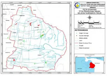 Gambar 3.2 Sebaran Titik Uji Penyelidikan Tanah Wilayah  Surabaya Timur oleh Laboratorium Mekanika Tanah dan 