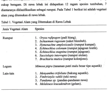 Tabel l. Vegetasi Alam yang Ditemukan di Rawa Lebak