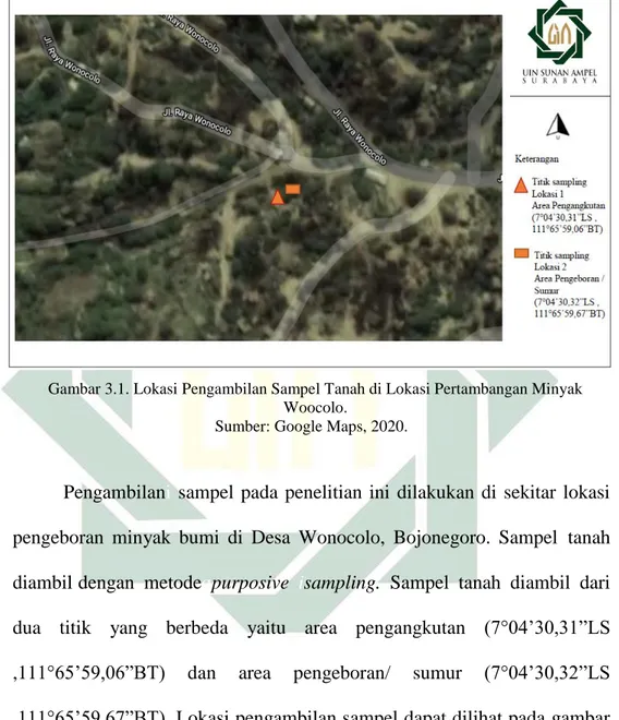 Gambar 3.1. Lokasi Pengambilan Sampel Tanah di Lokasi Pertambangan Minyak  Woocolo. 