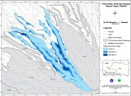 Gambar 3  Klasifikasi peta jarak dari sungai di Resort Tapos TNGGP. 