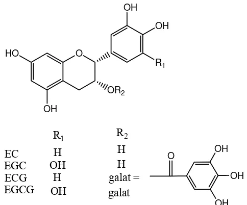 Gambar 1. Struktur EGCG (-)epigallocatechin-3-gallate; EGC (-)epigallocatechin; ECG (-)epicatechin-3-gallate; dan EC (-)epicatechin  (Henning, Niu, Lee, Thames,Minutti, Wang, Go, Heber, 2004) 