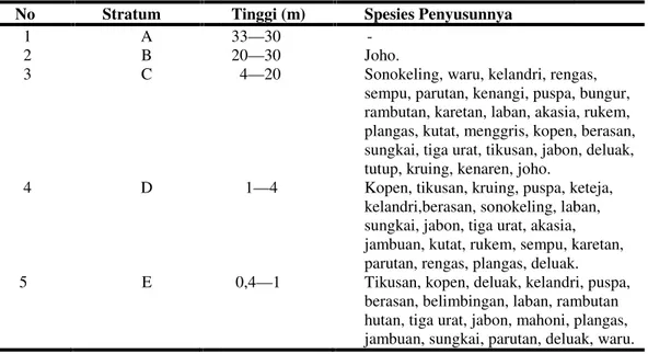 Tabel 2. Jumlah  spesies  Margahayu No Stratum 1 A 2 B 3 C 4 D 5 E