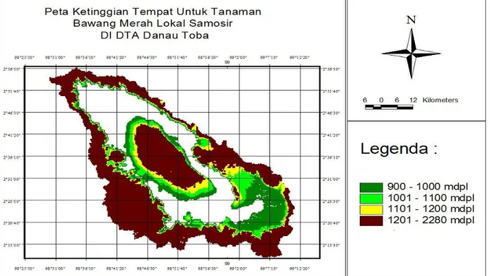 Gambar 3. Peta Ketinggian Tempat untuk Tanaman Bawang Merah Lokal Samosir di DTA Danau         Toba.