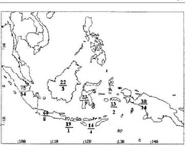 Gambar 2. Peta endemik dan keanekaragaman  bambu di Indonesia (Sumber: Widjaja, 2000)  Wilayah  sebelah  barat  Indonesia  didominasi  oleh  genera  bambusa,  gigantochloa  dan  dendrocalamus  yang  memiliki  diameter  menengah  sampai  dinding  tebal dan 
