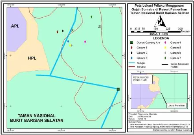 Gambar 1. Peta lokasi menggaram gajah pada penelitian perilaku menggaram gajah sumatera (Elephas maximus sumatranus) dan kandungan garam mineral pada saltlicks di resort pemerihan TNBBS 2015 skala 1:4000 (Sumber: Nugraha dan Resphaty, 2015)