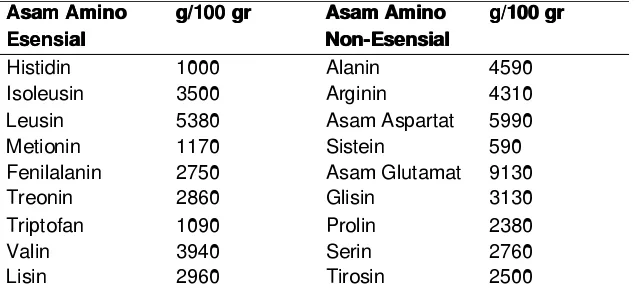 Tabel 3.1.Jenis dan jumlah asam amoni yang ditemukan dalam 100 gr Spirulina 