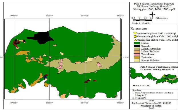 Gambar 7. Peta sebaran tumbuhan beracun di Hutan Lindung Sibayak II pada ketinggian 1300, 1600, 1700 mdpl