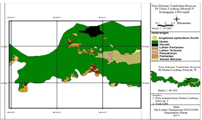 Gambar 8. Peta sebaran tumbuhan beracun di Hutan Lindung Sibayak II pada ketinggian 1500 mdpl
