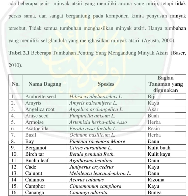Tabel 2.1 Beberapa Tumbuhan Penting Yang Mengandung Minyak Atsiri  (Baser,  2010).  