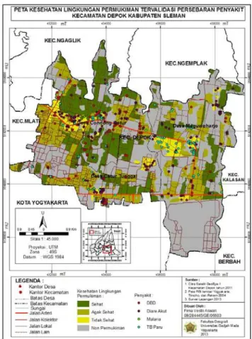 Gambar  2  merupakan  hasil  akhir  penelitian kesehatan lingkungan permukiman di  Kecamatan  Depok  Kabupaten  Sleman,  yaitu  validasi  akan  model  yang  sudah  dibuat  (peta  kesehatan  lingkungan  permukiman)  dengan  persebaran  penyakit  DBD,  TB  P