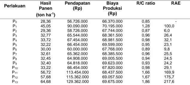 Tabel  6.  Nilai  R/C  Ratio  dan  RAE  Analisis  Usaha  Tani  pada  Berbagai  Perlakuan  Kombinasi  pupuk  Perlakuan  Hasil  Panen  (ton ha -1 )  Pendapatan (Rp)  Biaya  Produksi  (Rp)  R/C ratio  RAE  P 0 28,36  56.726.000  66.370.000  0,85  -  P 1 45,05
