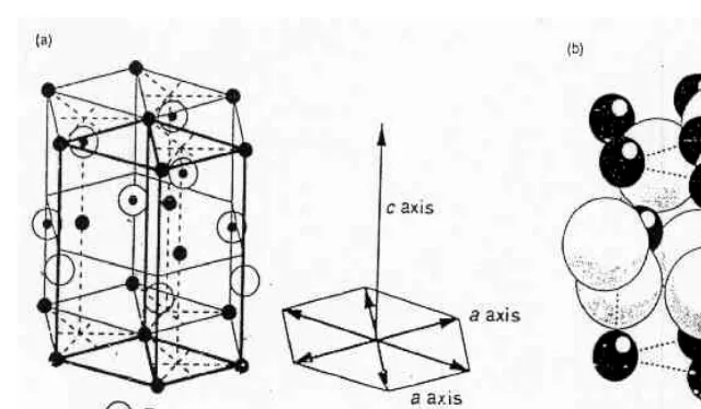 Figure 1. ZnO Crystal Structure: (a) Wurtzite crystal structure  with  6-mm symmetry and (b) ZnO model with zinc atoms represented as smaller balls, oxygen atoms as larger balls  [6]