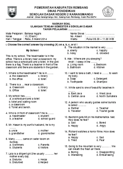 Soal Latihan Bahasa Inggris Kelas 6 Semester 2