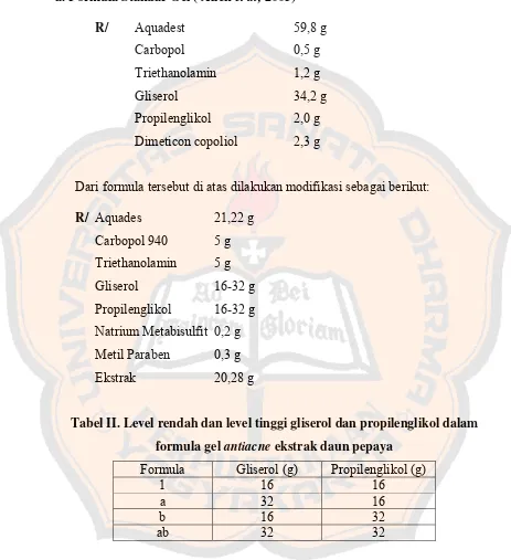 Tabel II. Level rendah dan level tinggi gliserol dan propilenglikol dalam 