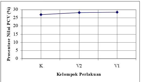 Grafik 2. Rataan Nilai PCV (Tingkat Anemia) pada perlakuan V1, V2 dan K.  