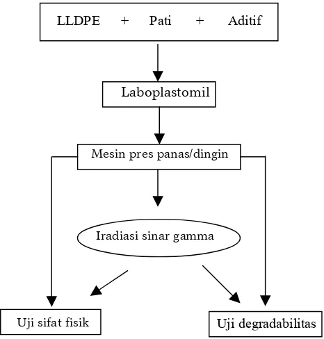 Gambar 1. Skema diagram alir percobaan pengaruh pati dan radiasi sinar gamma terhadap sifat fisik dan degradabilitas LLDPE