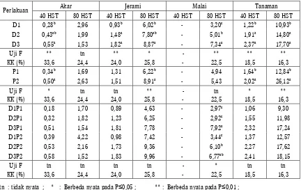Tabel 6.  Efisiensi pemupukan P dalam akar, jerami, malai dan tanaman (%) 