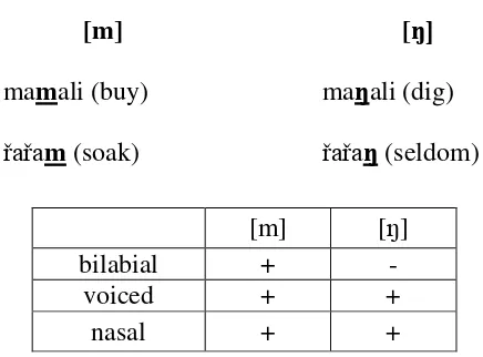 table above that [m] is [+labial] while [ŋ] is [-labial]