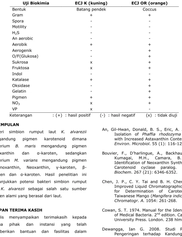 Tabel 6. Hasil uji biokimia pada bakteri ECJ K dan ECJ OR 