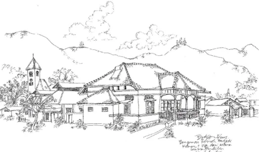 Gambar 1. Sketsa Pusat Kota Sawahlunto dengan Arsitektur Indische dan  Bentang Alam yang Berupa Perbukitan sebagai Latar Belakang Elemen 