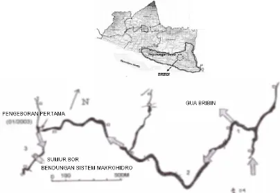 Gambar 1. Lokasi sampling air dan sedimen di Sungai Bribin[3] (1,2,3 = lokasi pengambilan sampel air dan sedimen)