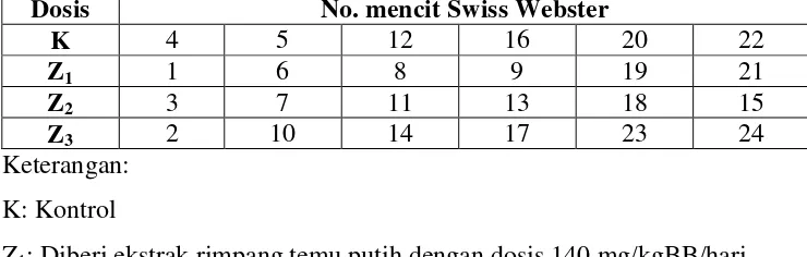 Tabel 3.1 Hasil pengocokan mencit Swiss Webster dan jenis perlakuan 