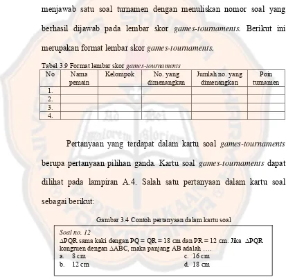 Tabel 3.9 Format lembar skor games-tournaments 