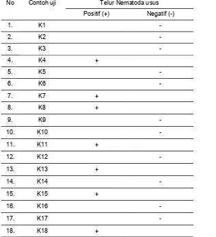 Tabel 1.  Hasil Pemeriksaan Telur Nematoda Usus Pada Sayuran Kubis (Brassica oleracea) Warung Makan Lesehan Kota Wonosari Gunungkidul Yogyakarta Tahun 2010  