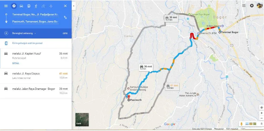 Gambar 2.  Akses menuju Kampung Budaya Sindang Barang dari Stasiun Bogor (Sumber : Google Maps) 