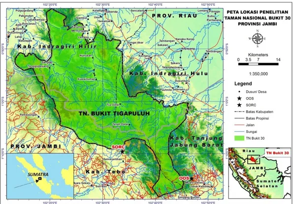 Gambar 1.  Peta lokasi penelitian stasiun reintroduksi orangutan sumatera Bukit Tigapuluh 