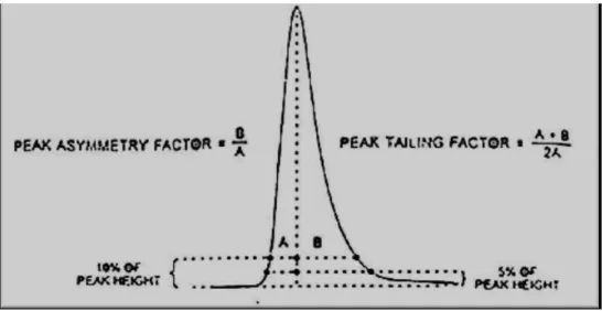 Gambar 4. Penentuan Peak Asymmetry dan Peak Tailing Factor (Snyder et al., 1997)