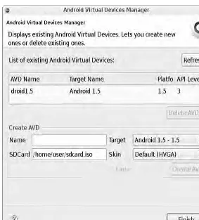 Figure 2-2. Android Virtual Device Manager dialog box settings for SDK 1.5 