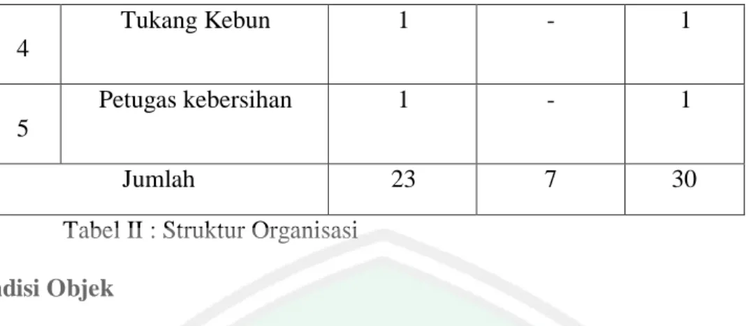 Tabel II : Struktur Organisasi  6.  Kondisi Objek 