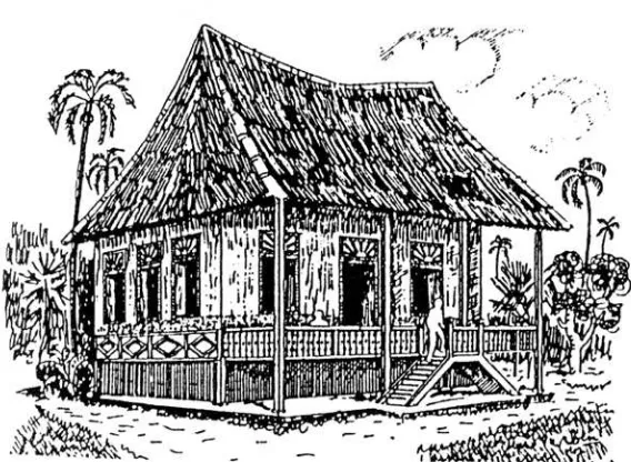 Gambar 2.4. Tungkui Nasi, suatu bentuk rumah yang sudah hilang. Dari Ibenzani usman, “Seni ukir Tradisional Pada Rumah adat Minangkabau: Teknik, Pola dan Fungsinya” (disertasi doktoral, Institut Teknologi Bandung, 1985), 157.